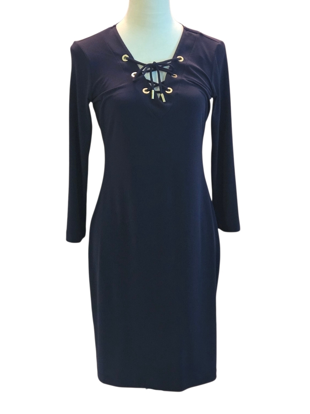 Calvin Klein Women's L Navy Blue Lace-Up Grommets V-Neck 3/4 Sleeve Jersey Dress